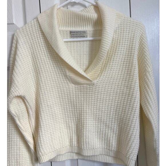 Urban Outfitters Soft Cream Waffle Knit Cropped Collared Top Medium - Picture 2 of 5